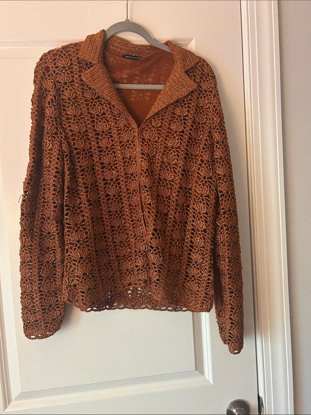 Boston Proper Crochet Openwork Collared Pullover in Rust Brown